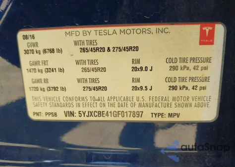 2016 Tesla Model X 75D/P100D/P90D из США, поврежденный, VIN 5YJXCBE41GF017897